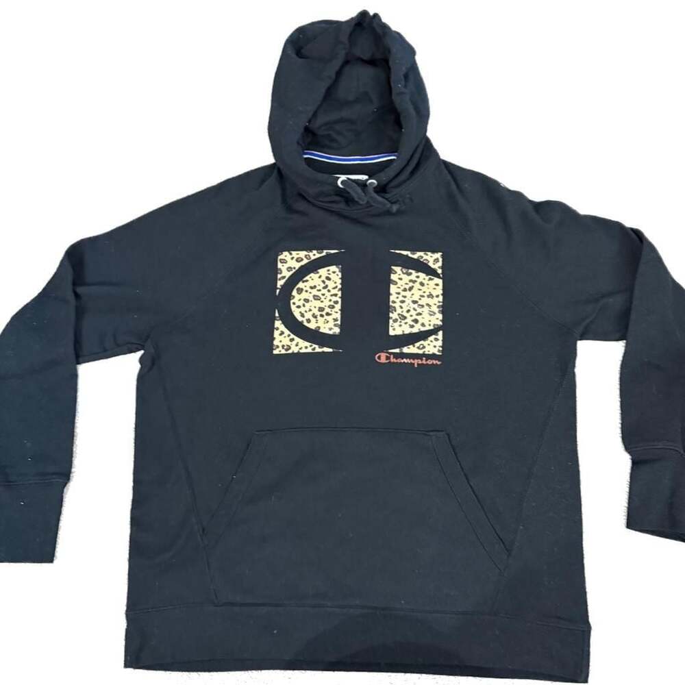 Girls Champion Black Leopard Print Logo Hoodie